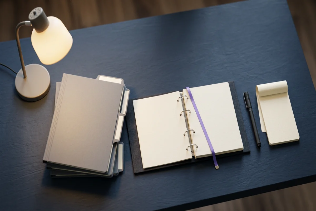 Arbeitsplatz mit Policenunterlagen und Checkliste, Illustration für Dokumentenstruktur, Bild 1200×800 px